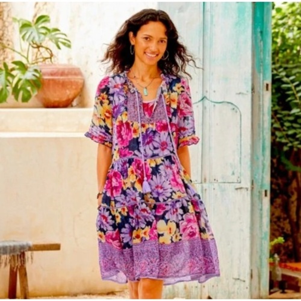 Sundance Fields of Beauty sz S Tiered Floral Peasant Dress Ruffle Purple w Slip - Picture 1 of 6